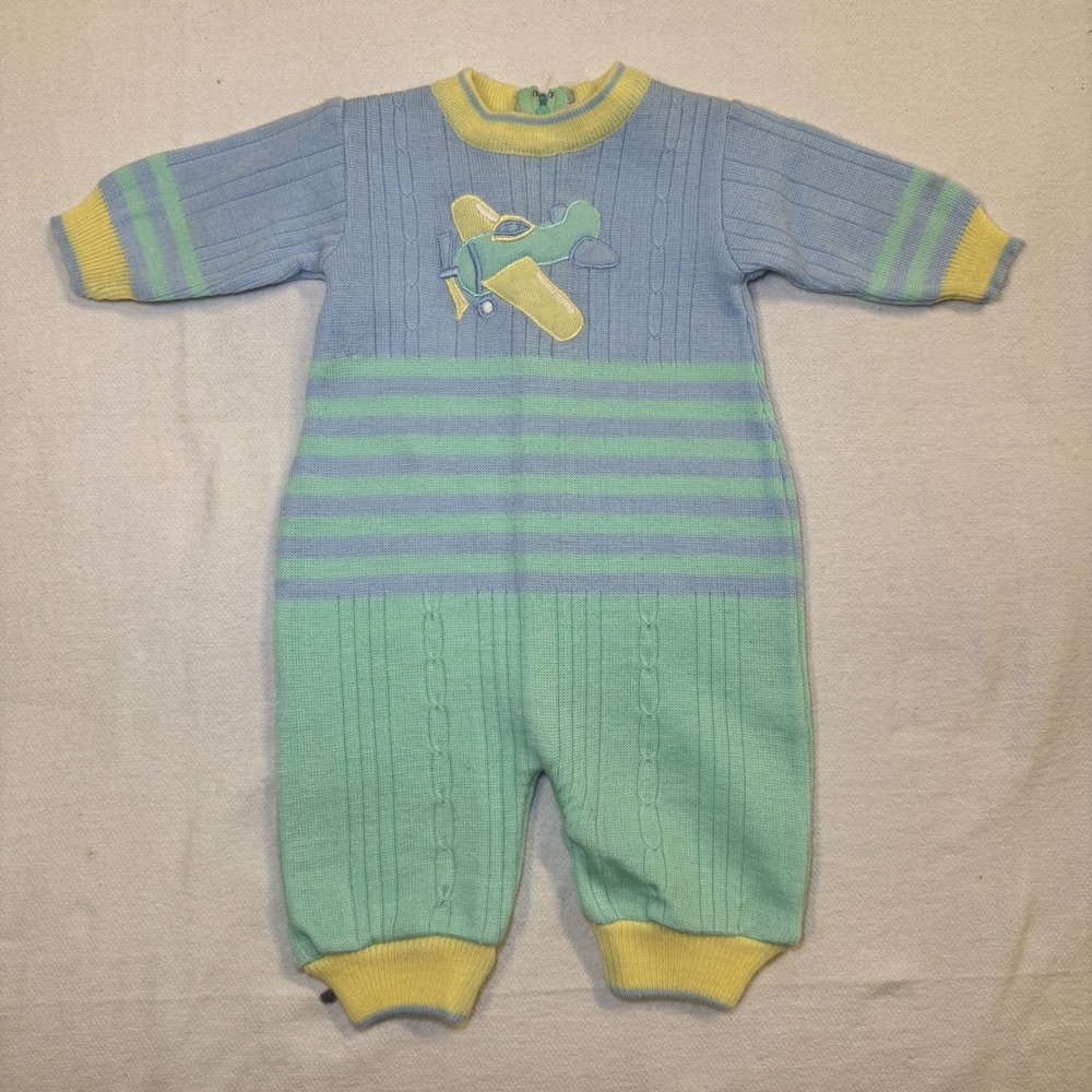 Bonjour Vintage Baby Romper 3/6M Blue Green Airplane Knit One Piece Coverall